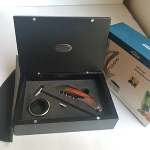 Wine Tool Set Corkscrew Thermometer Wine Ring Wood Case Bar Tools Trudeau